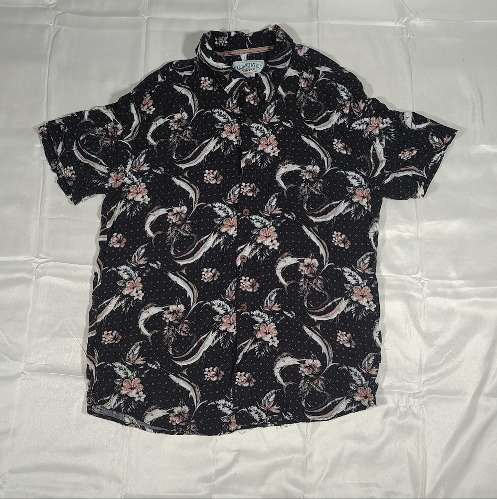 Margaritaville Large Hawaiian Shirt Mens Black Pink Floral Swordfish Camp Button